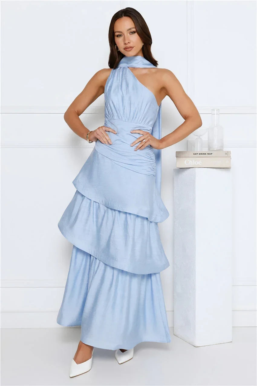 Elegant A-Line One-Shoulder Halter Ruched Tiered Light Blue Maxi Prom Dress