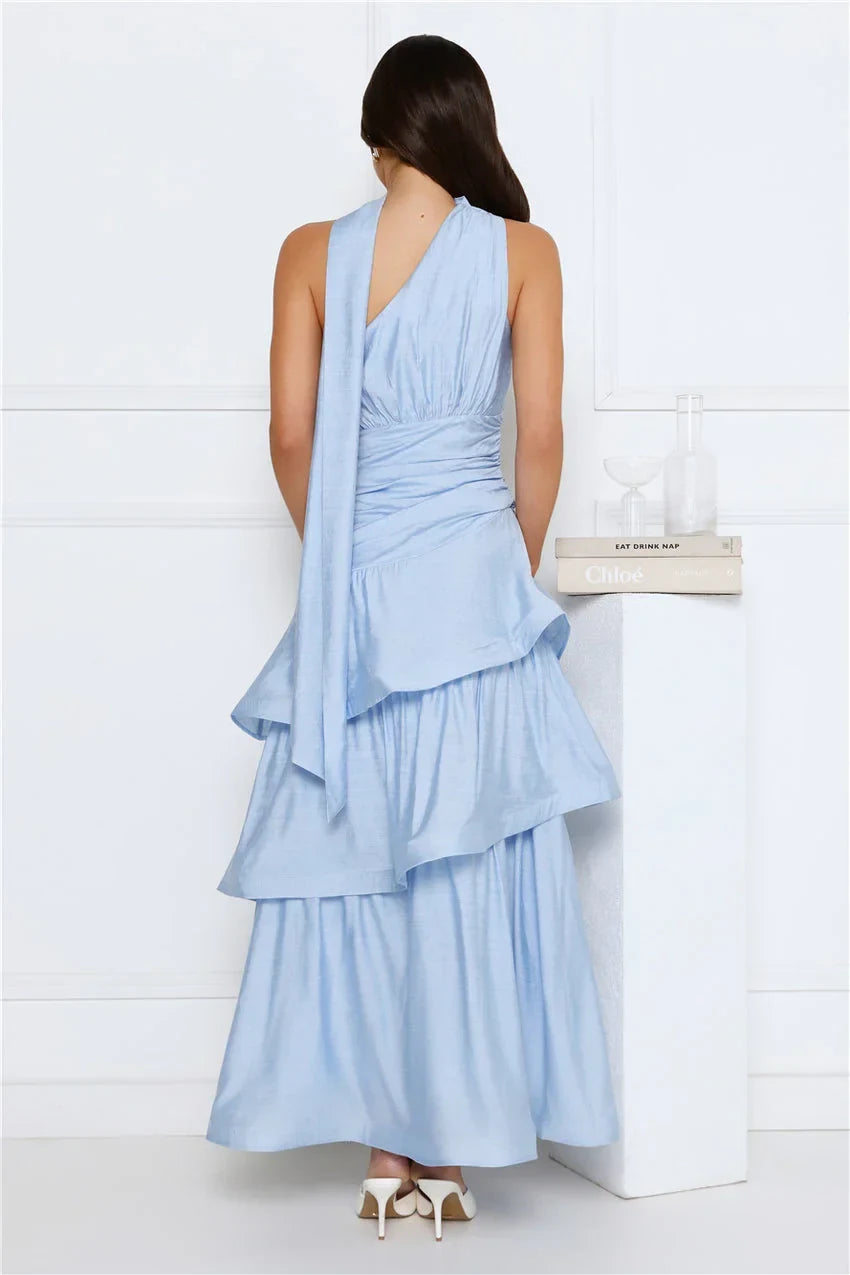 Elegant A-Line One-Shoulder Halter Ruched Tiered Light Blue Maxi Prom Dress