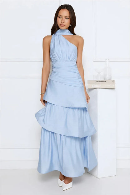Elegant A-Line One-Shoulder Halter Ruched Tiered Light Blue Maxi Prom Dress