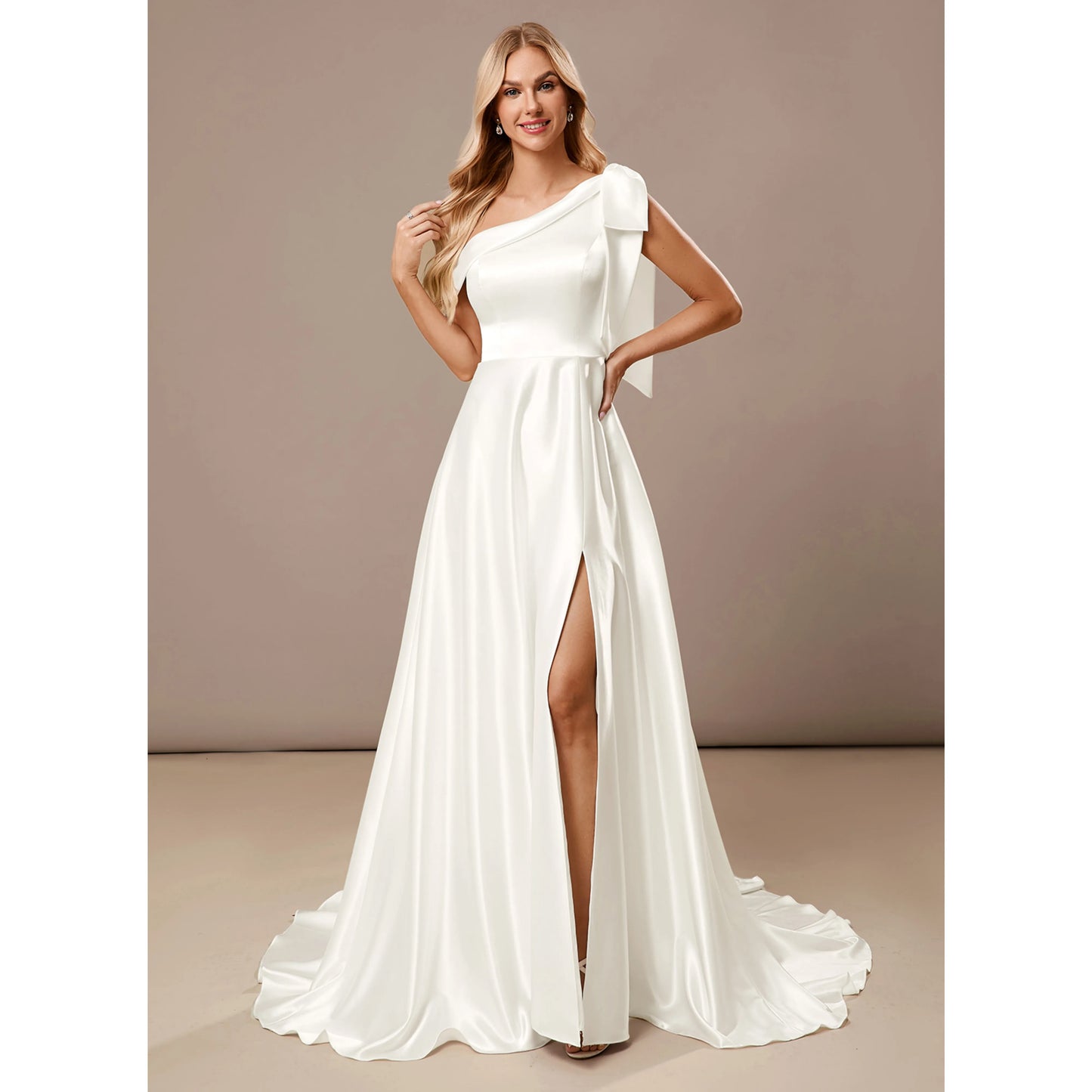 Elegant A-Line One-Shoulder High Slit White Floor-Length Wedding Dresses Women's Gown