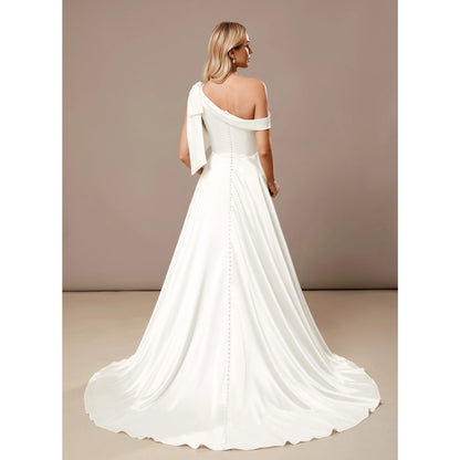 Elegant A-Line One-Shoulder High Slit White Floor-Length Wedding Dresses Women's Gown