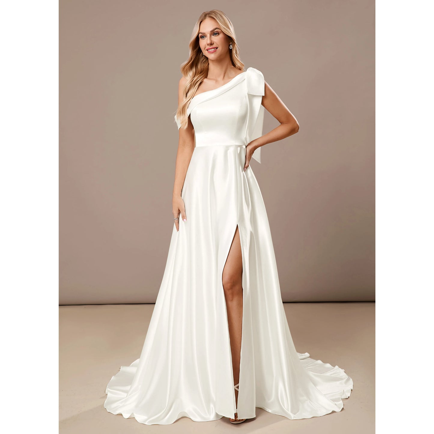 Elegant A-Line One-Shoulder High Slit White Floor-Length Wedding Dresses Women's Gown
