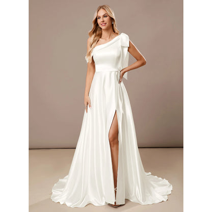 Elegant A-Line One-Shoulder High Slit White Floor-Length Wedding Dresses Women's Gown