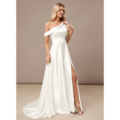 Elegant A-Line One-Shoulder High Slit White Floor-Length Wedding Dresses Women's Gown