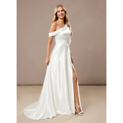 Elegant A-Line One-Shoulder High Slit White Floor-Length Wedding Dresses Women's Gown