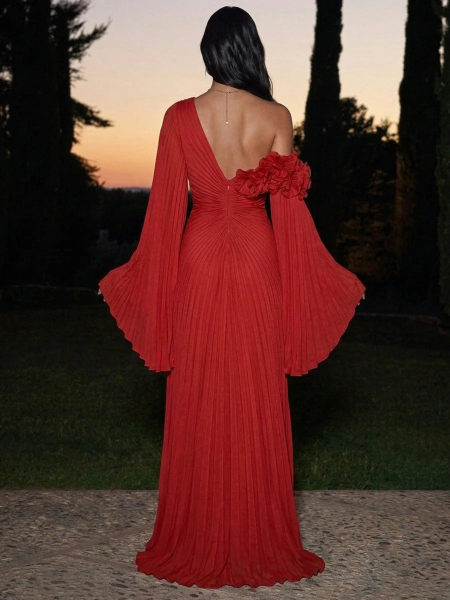 Elegant A-Line One-Shoulder Long-Sleeve Pleated Red Maxi Prom Dresses Women Gown
