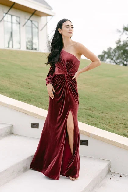 Elegant A-Line One-Shoulder Long Sleeve Draped Deep Red Floor-Length Bridesmaid Dress