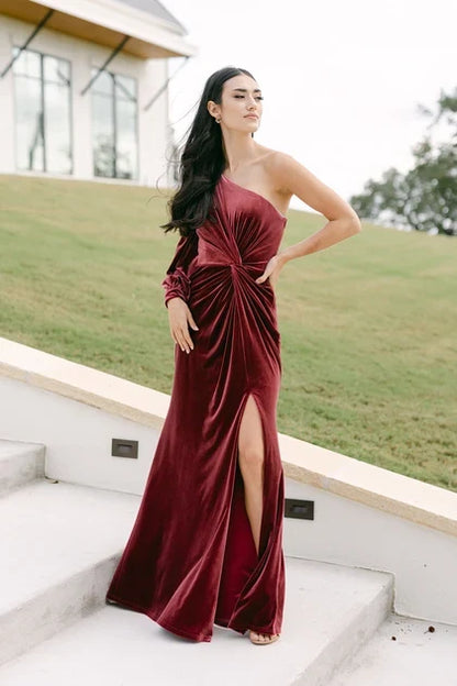 Elegant A-Line One-Shoulder Long Sleeve Draped Deep Red Floor-Length Bridesmaid Dress
