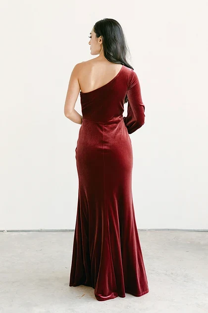 Elegant A-Line One-Shoulder Long Sleeve Draped Deep Red Floor-Length Bridesmaid Dress