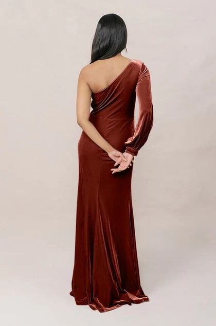 Elegant A-Line One-Shoulder Long Sleeve Draped Deep Red Floor-Length Bridesmaid Dress