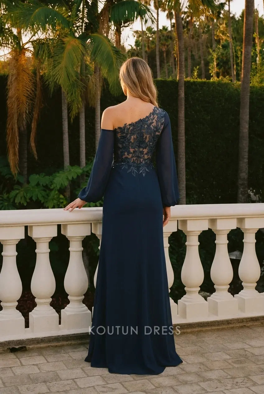 Elegant A-Line One-Shoulder Long Sleeve Embroidered Navy Blue Slit Prom Gown