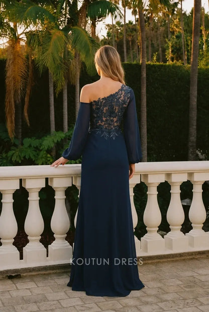 Elegant A-Line One-Shoulder Long Sleeve Embroidered Navy Blue Slit Prom Gown