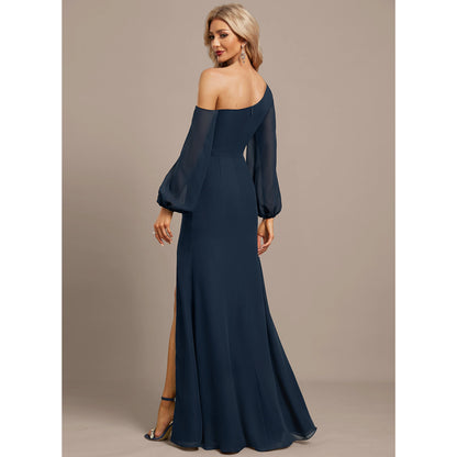 Elegant A-Line One-Shoulder Long Sleeve Ruched Slit Navy Blue Floor-Length Mother of the Bride Dresses Gown