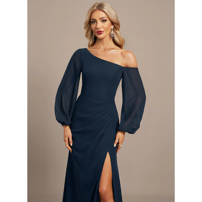 Elegant A-Line One-Shoulder Long Sleeve Ruched Slit Navy Blue Floor-Length Mother of the Bride Dresses Gown