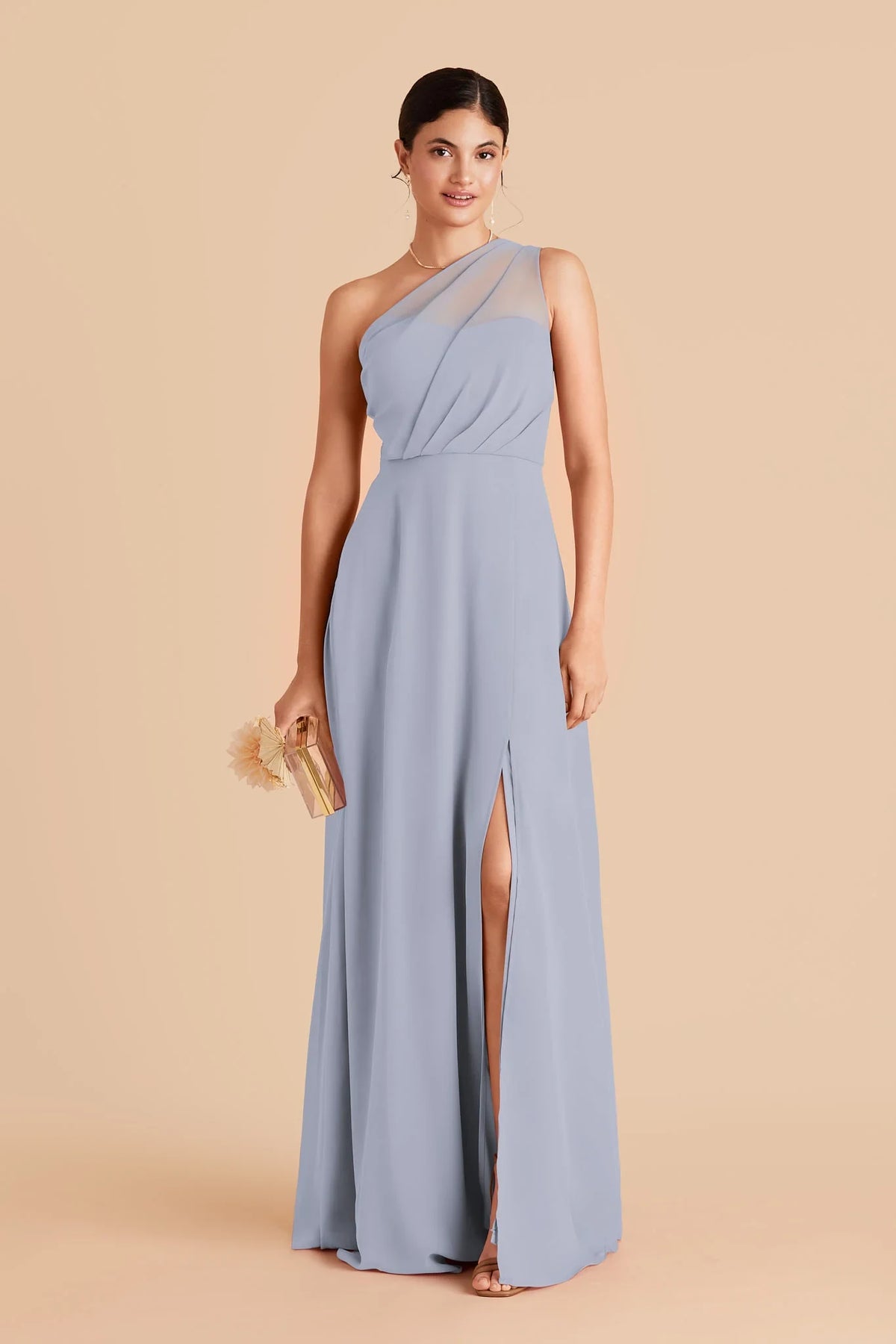 Elegant A-Line One-Shoulder Pleated Slit Dusty Blue Floor-Length Bridesmaid Dress