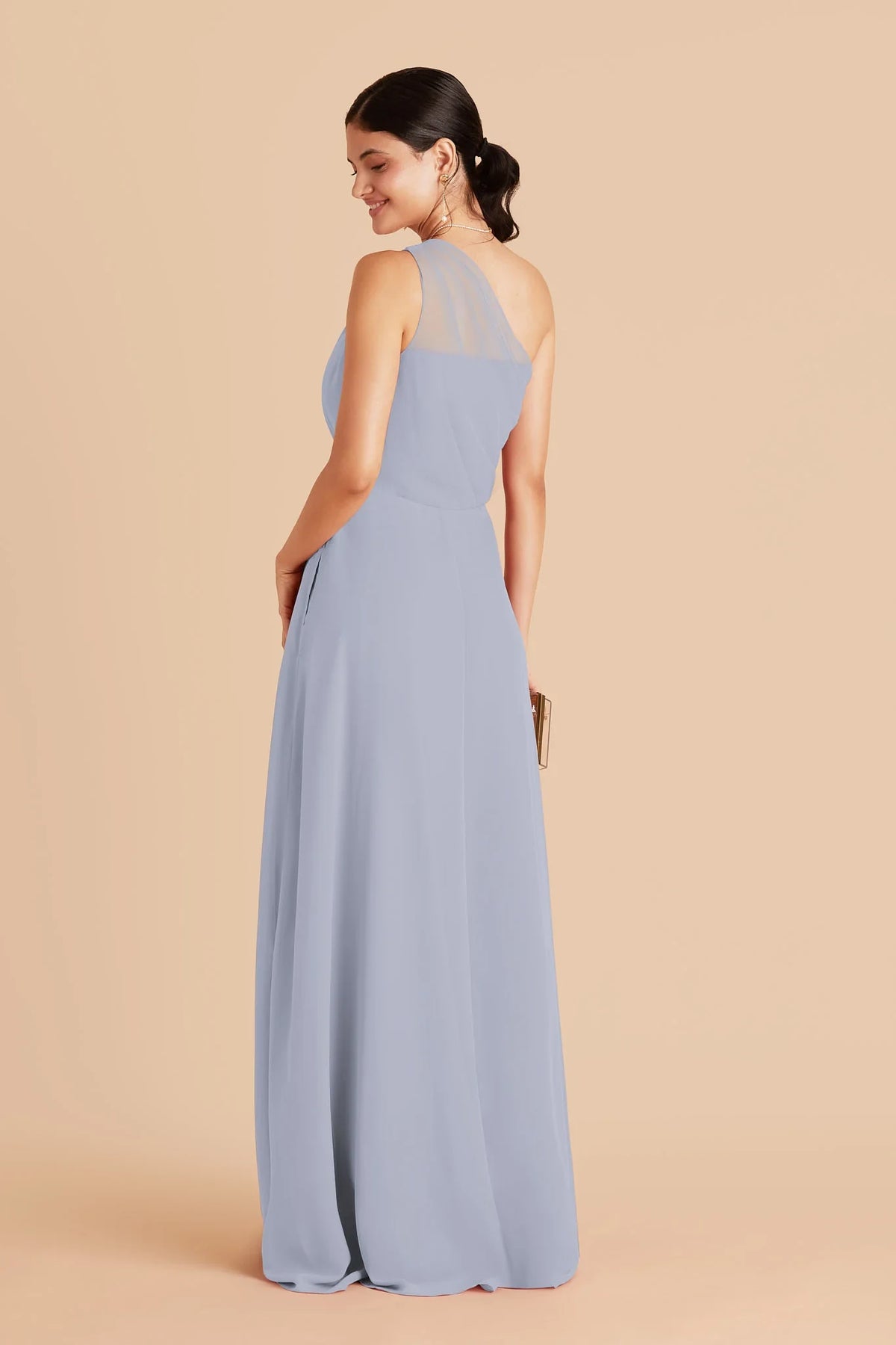 Elegant A-Line One-Shoulder Pleated Slit Dusty Blue Floor-Length Bridesmaid Dress