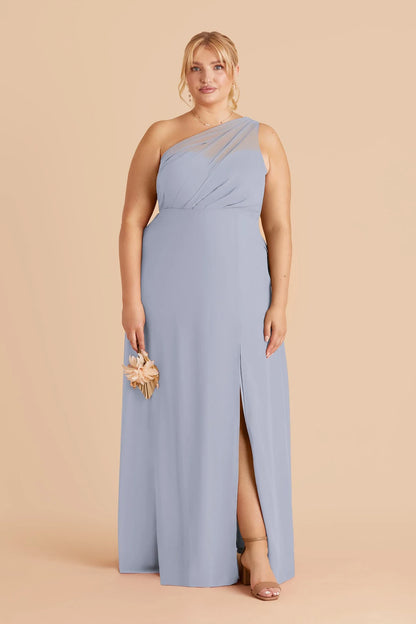 Elegant A-Line One-Shoulder Pleated Slit Dusty Blue Floor-Length Bridesmaid Dress