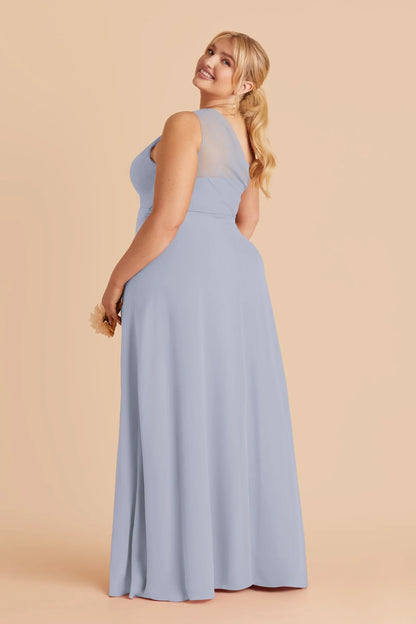 Elegant A-Line One-Shoulder Pleated Slit Dusty Blue Floor-Length Bridesmaid Dress
