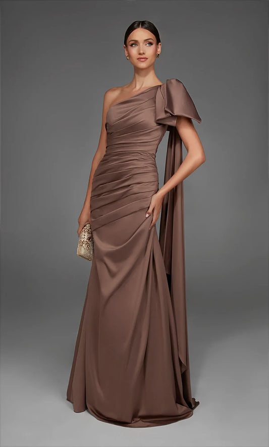 Elegant A-Line One-Shoulder Ruched Bow-Detail Mocha Floor-Length Mother of the Bride Gown