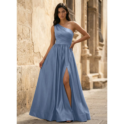 Elegant A-Line One-Shoulder Ruched Slit Dusty Blue Floor-Length Prom Dress
