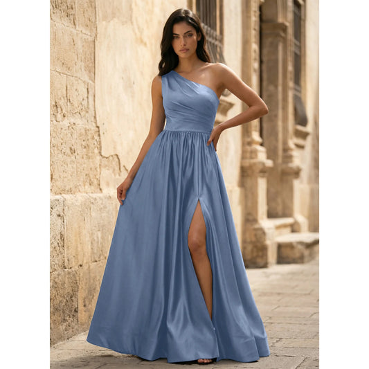 Elegant A-Line One-Shoulder Ruched Slit Dusty Blue Floor-Length Prom Dress
