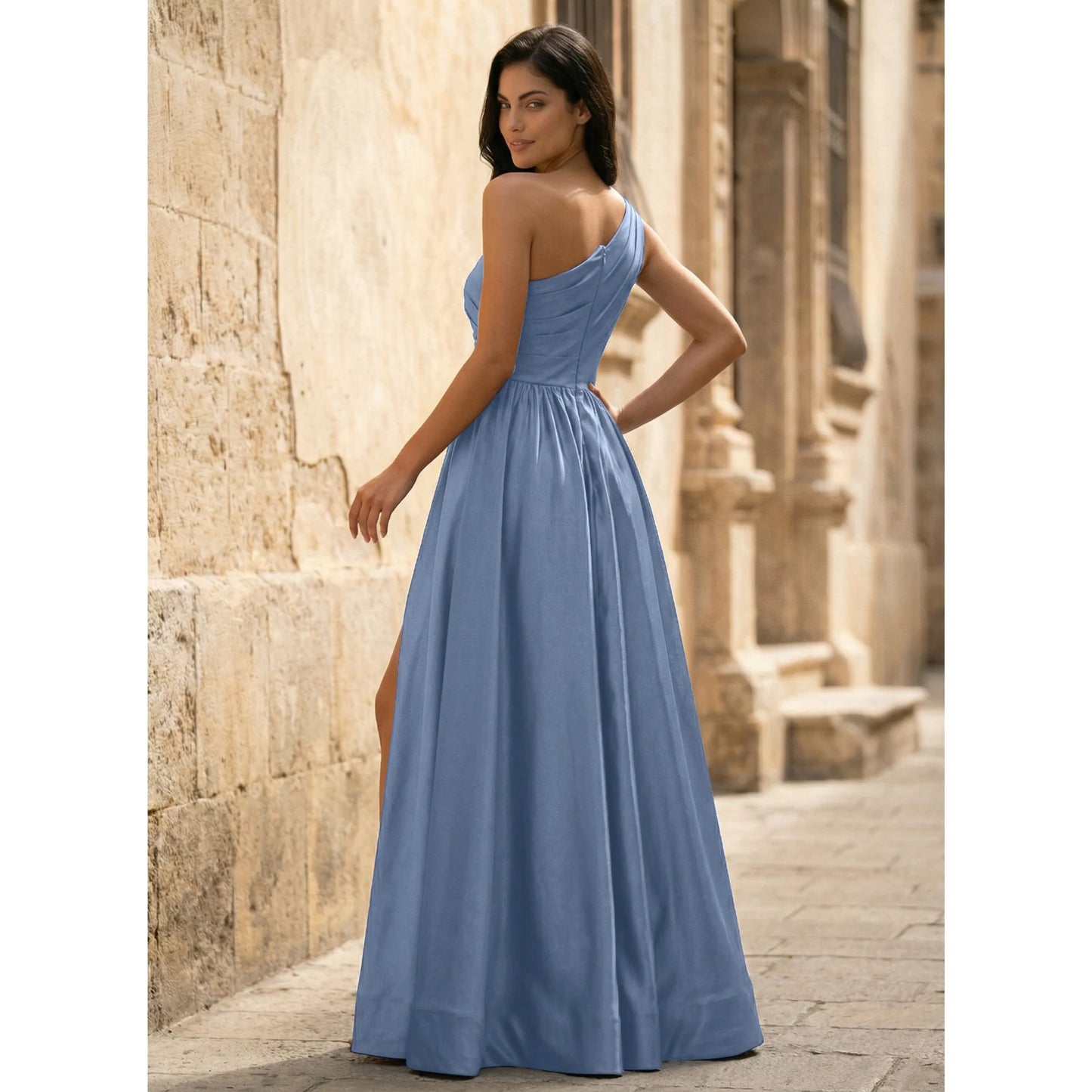 Elegant A-Line One-Shoulder Ruched Slit Dusty Blue Floor-Length Prom Dress