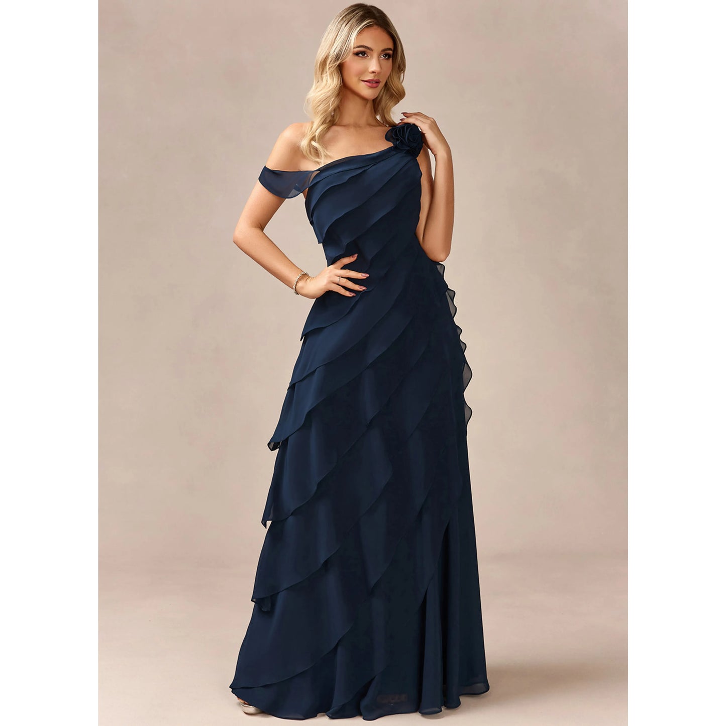 Elegant A-Line One-Shoulder Ruffled Floral Navy Blue Floor-Length Prom Gown