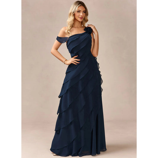 Elegant A-Line One-Shoulder Ruffled Floral Navy Blue Floor-Length Prom Gown