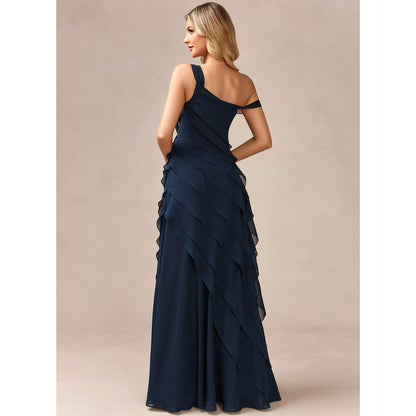 Elegant A-Line One-Shoulder Ruffled Floral Navy Blue Floor-Length Prom Gown