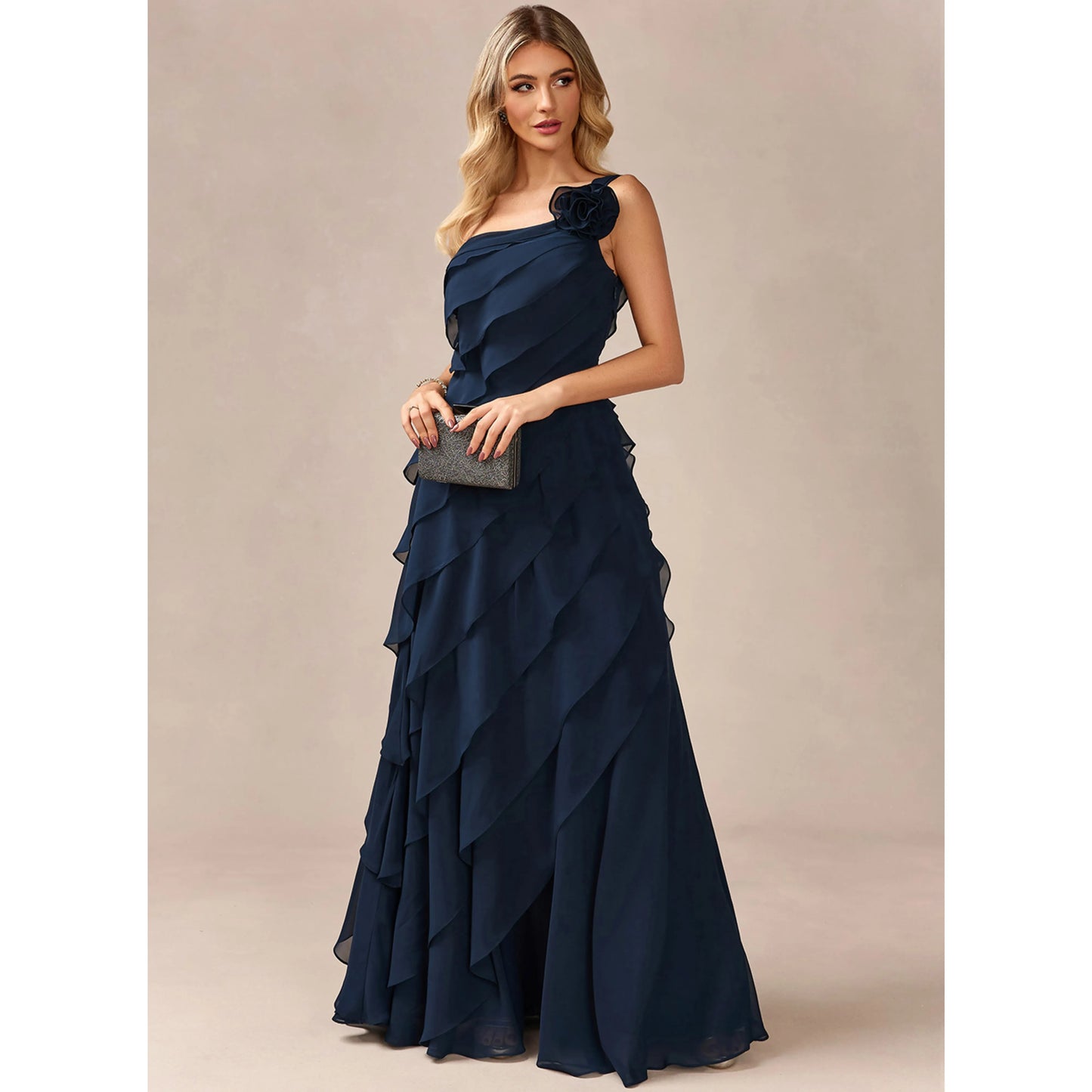 Elegant A-Line One-Shoulder Ruffled Floral Navy Blue Floor-Length Prom Gown