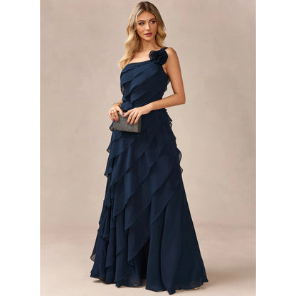 Elegant A-Line One-Shoulder Ruffled Floral Navy Blue Floor-Length Prom Gown