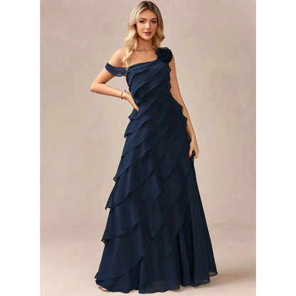 Elegant A-Line One-Shoulder Ruffled Floral Navy Blue Floor-Length Prom Gown