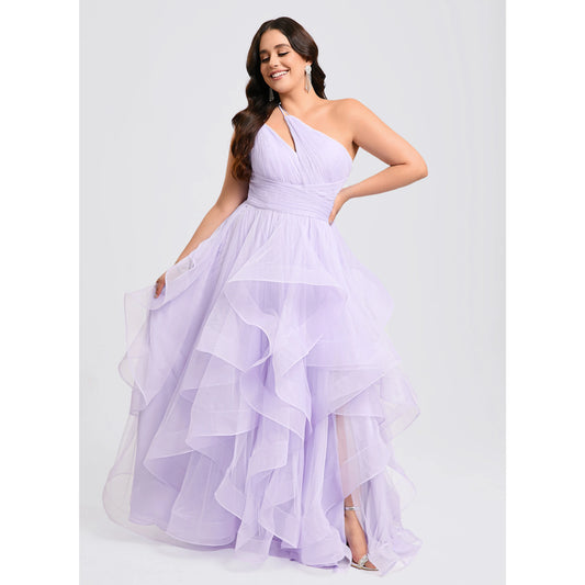 Elegant A-Line One-Shoulder Ruffled Lavender Long Prom Dresses Gown
