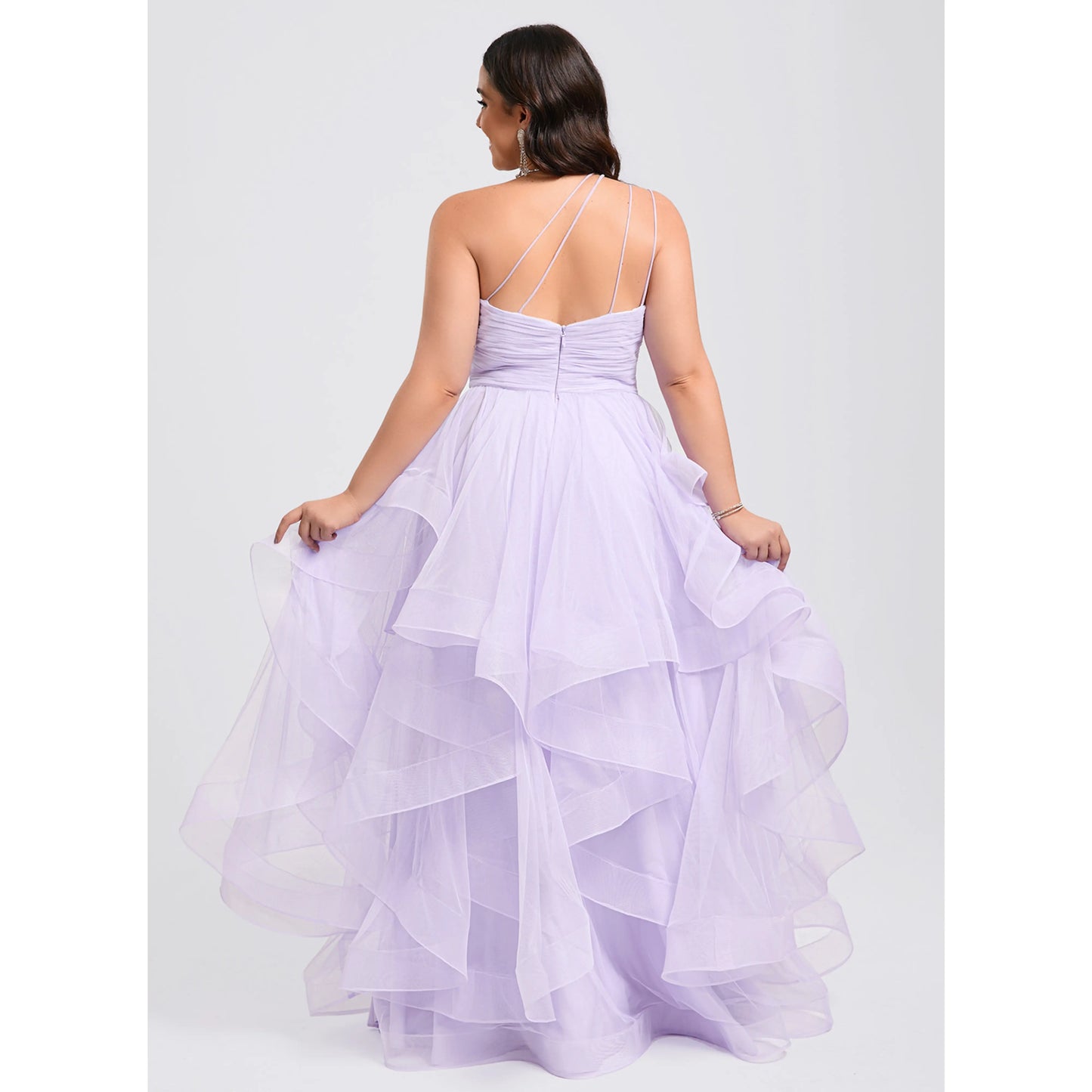 Elegant A-Line One-Shoulder Ruffled Lavender Long Prom Dresses Gown