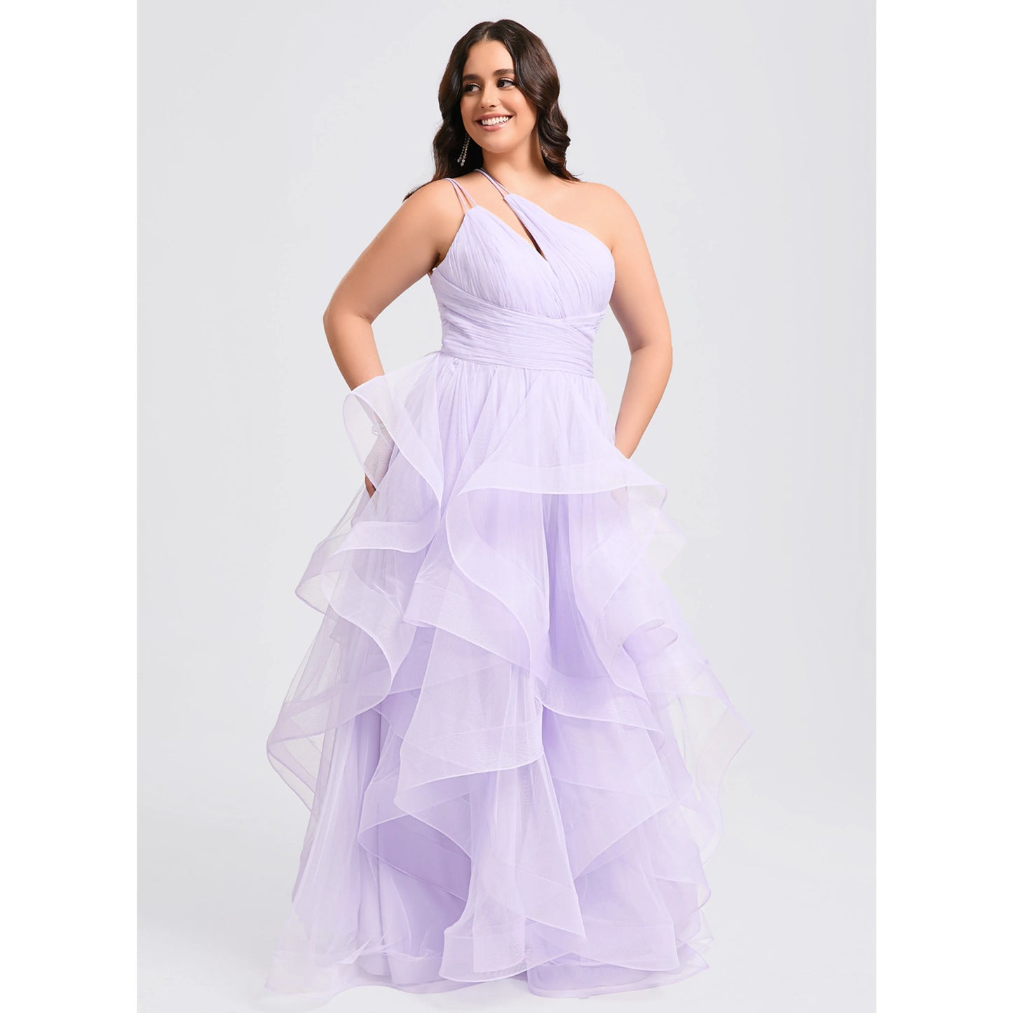 Elegant A-Line One-Shoulder Ruffled Lavender Long Prom Dresses Gown