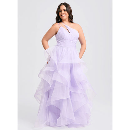Elegant A-Line One-Shoulder Ruffled Lavender Long Prom Dresses Gown
