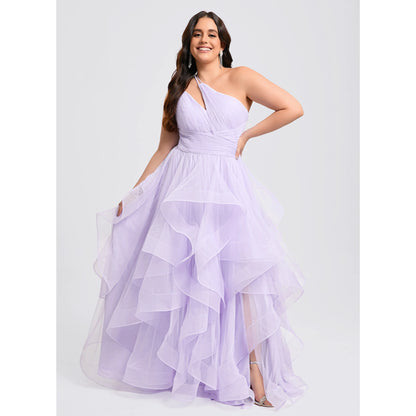 Elegant A-Line One-Shoulder Ruffled Lavender Long Prom Dresses Gown