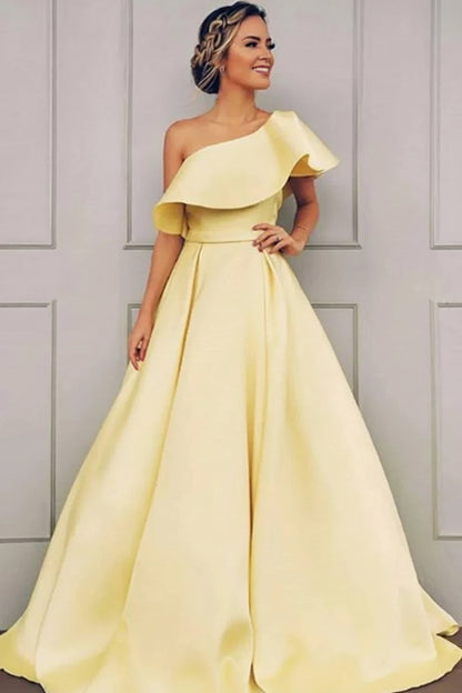 Elegant A-Line One-Shoulder Ruffled Light Yellow Floor-Length Prom Dresses Gown