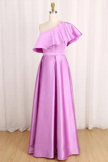 Elegant A-Line One-Shoulder Ruffled Light Yellow Floor-Length Prom Dresses Gown