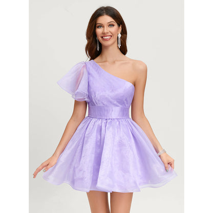 Elegant A-Line One-Shoulder Ruffled Sparkly Lavender Short Homecoming Dress for Women