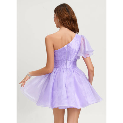 Elegant A-Line One-Shoulder Ruffled Sparkly Lavender Short Homecoming Dress for Women