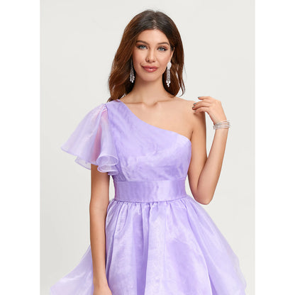 Elegant A-Line One-Shoulder Ruffled Sparkly Lavender Short Homecoming Dress for Women