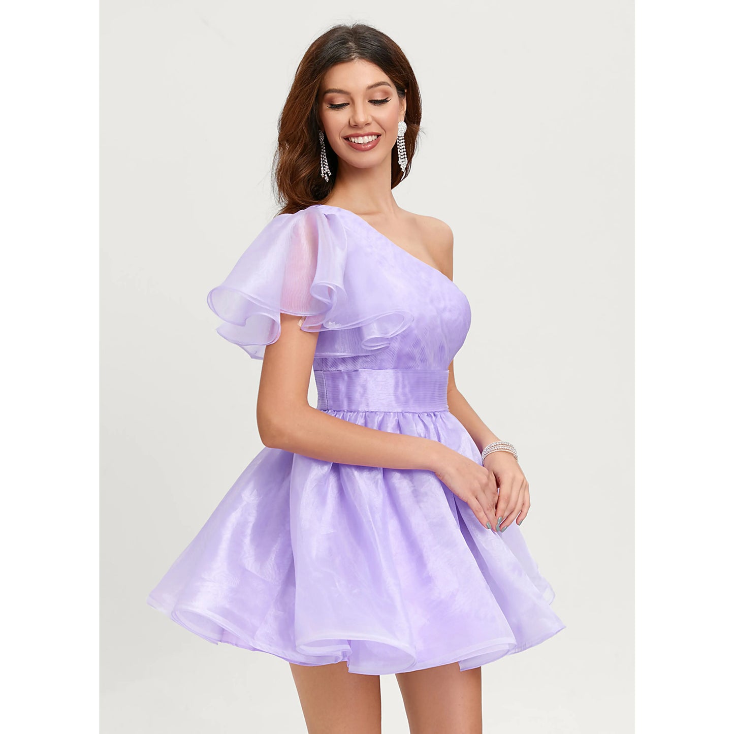 Elegant A-Line One-Shoulder Ruffled Sparkly Lavender Short Homecoming Dress for Women