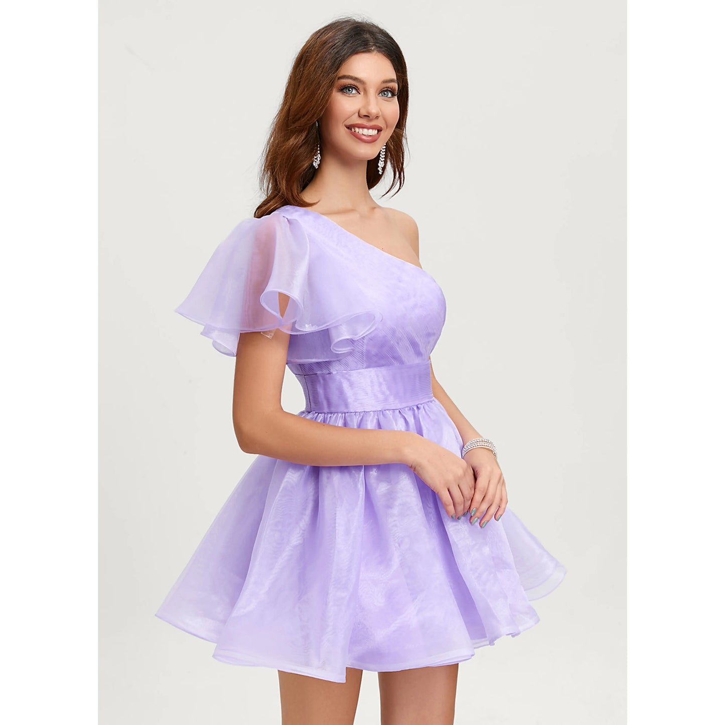 Elegant A-Line One-Shoulder Ruffled Sparkly Lavender Short Homecoming Dress for Women