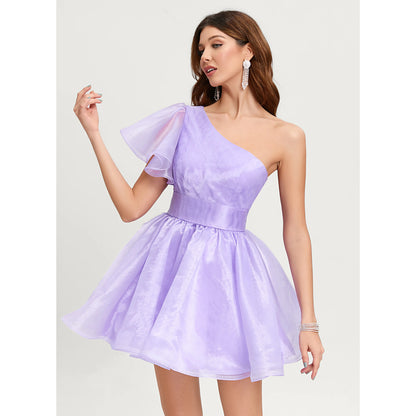 Elegant A-Line One-Shoulder Ruffled Sparkly Lavender Short Homecoming Dress for Women