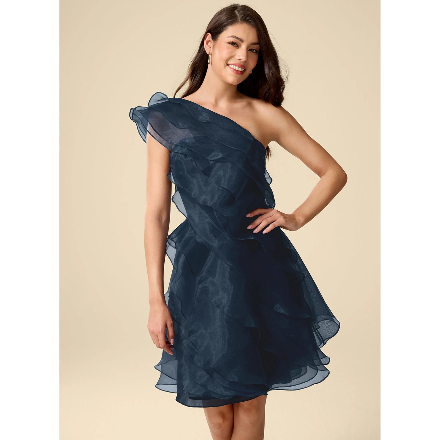 Elegant A-Line One-Shoulder Ruffled Tiered Navy Short Homecoming Dress