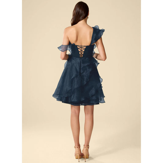 Elegant A-Line One-Shoulder Ruffled Tiered Navy Short Homecoming Dress