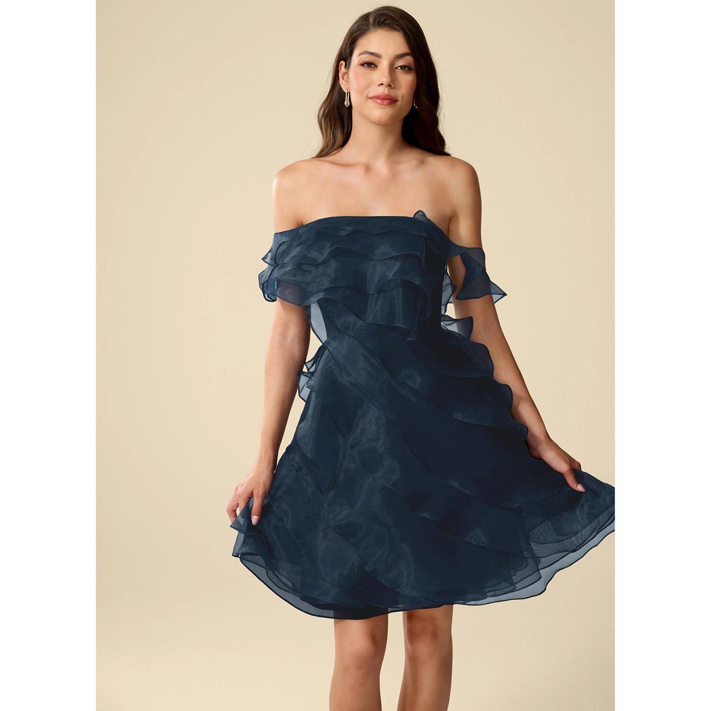 Elegant A-Line One-Shoulder Ruffled Tiered Navy Short Homecoming Dress