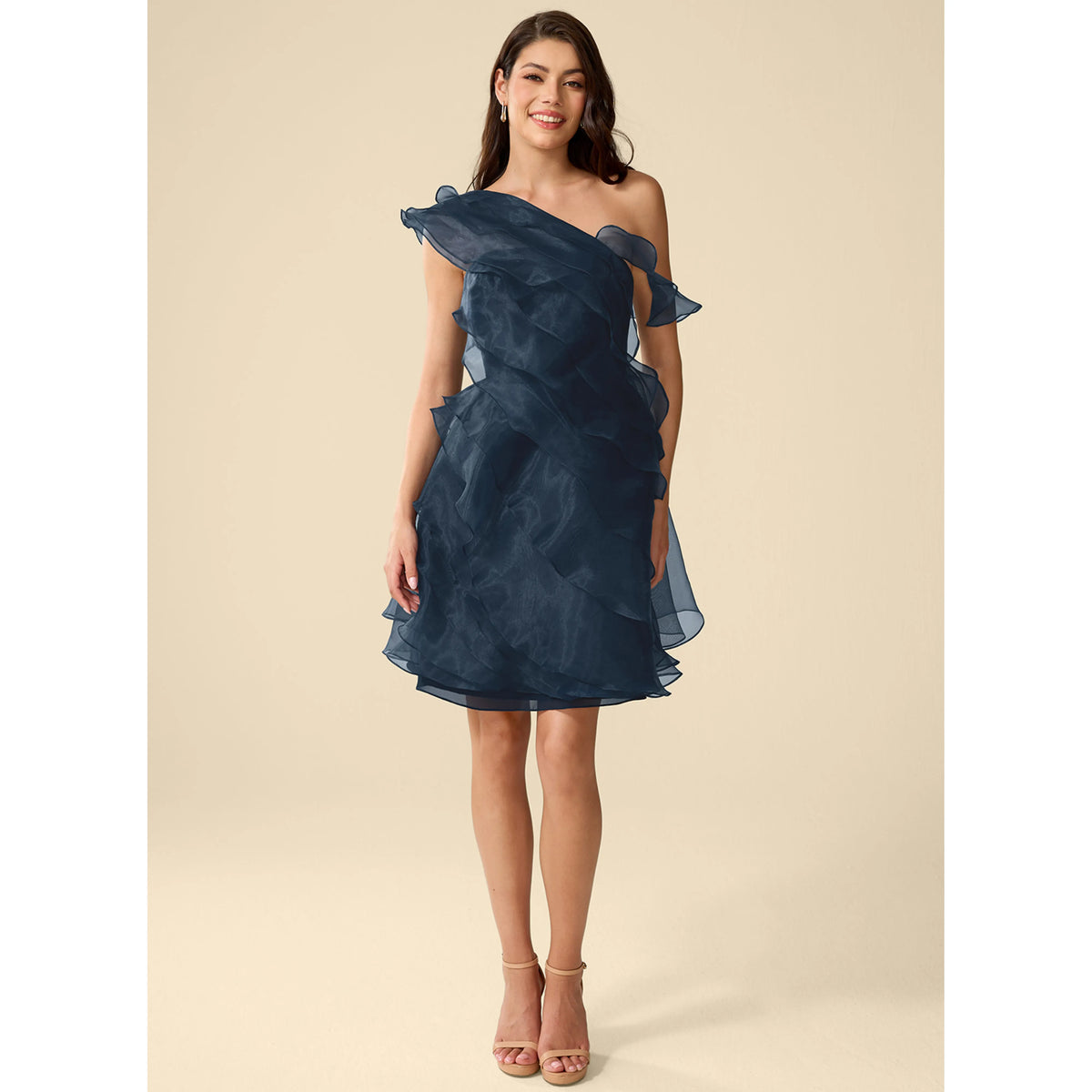 Elegant A-Line One-Shoulder Ruffled Tiered Navy Short Homecoming Dress