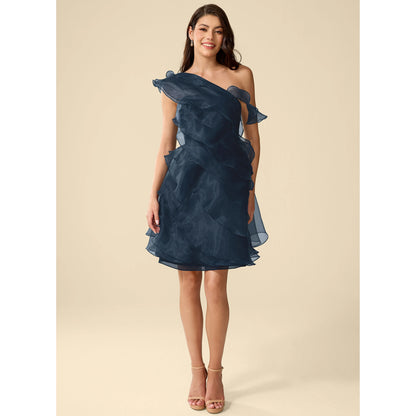 Elegant A-Line One-Shoulder Ruffled Tiered Navy Short Homecoming Dress